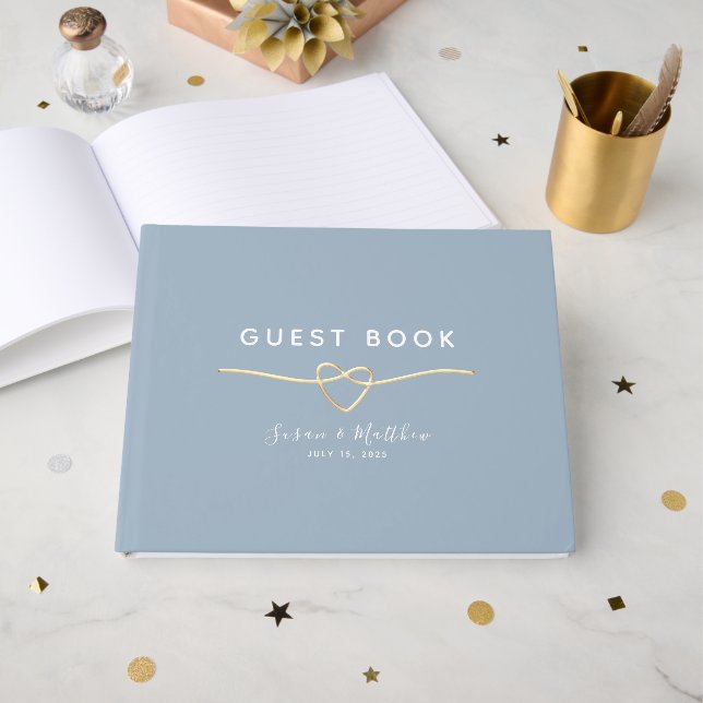 Modern Dusty Blue Gold Wedding Guest Book (Front Open)