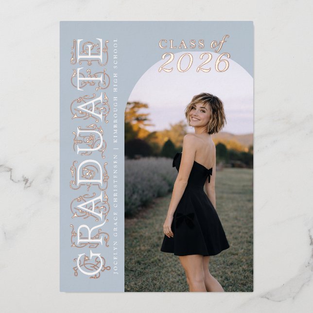 Modern Dusty Blue Gray Photo Graduation Rose Gold (Front)