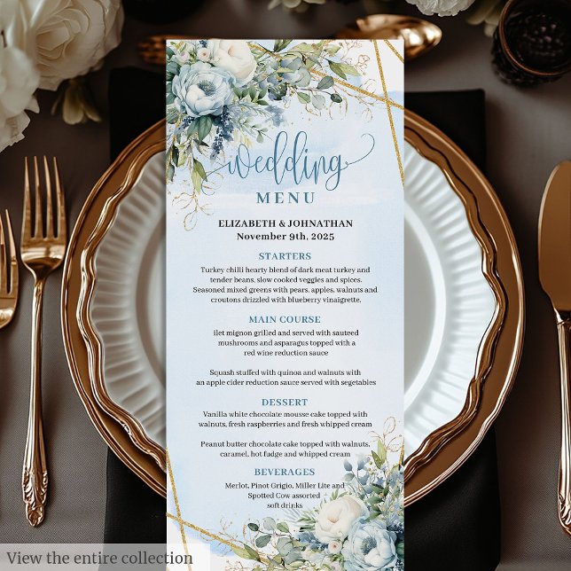 Modern Dusty Blue Greenery Gold Frame Wedding Menu (Modern Dusty Blue Greenery Gold Frame Wedding Menu)