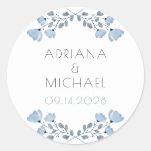 Modern Dusty Blue Grey Floral Wedding Classic Round Sticker