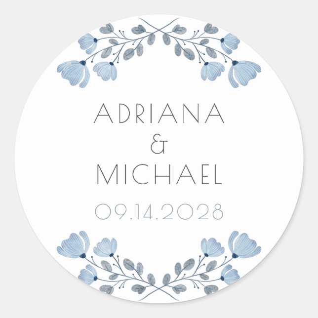 Modern Dusty Blue Grey Floral Wedding  Classic Round Sticker (Front)