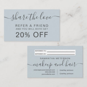 Modern dusty blue hair makeup professional referral card