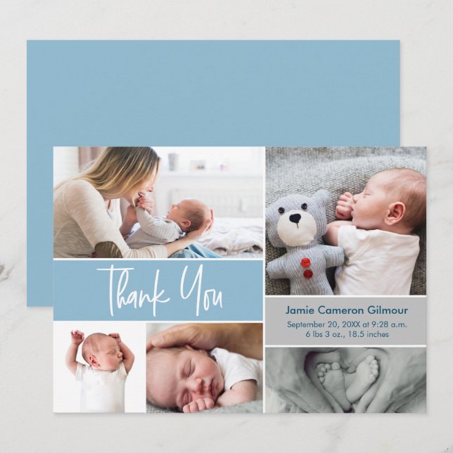 Modern Dusty Blue Handlettering Photos Baby Shower Thank You Card (Front/Back)