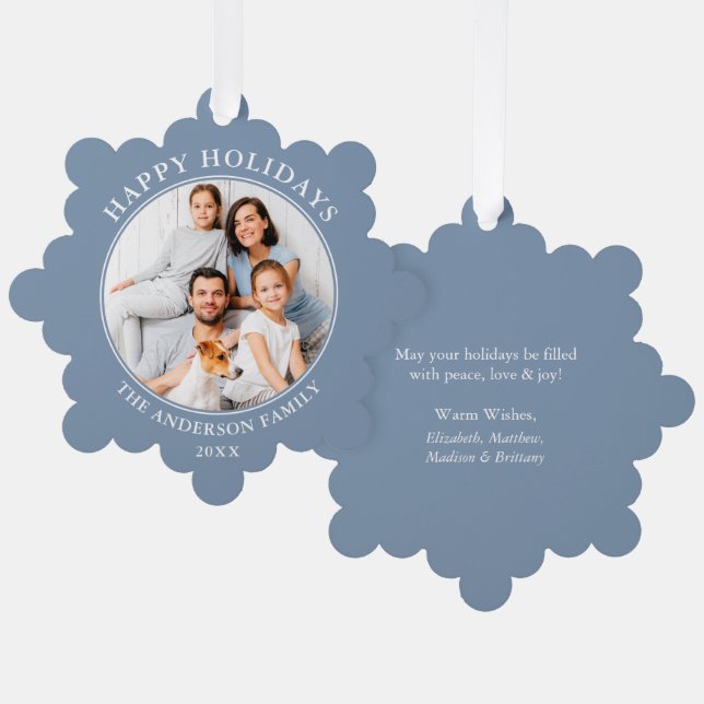 Modern Dusty Blue Happy Holidays Photo Tree Decoration Card (Front/Back)
