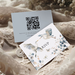 Modern Dusty Blue Herons QR Code Wedding RSVP Card