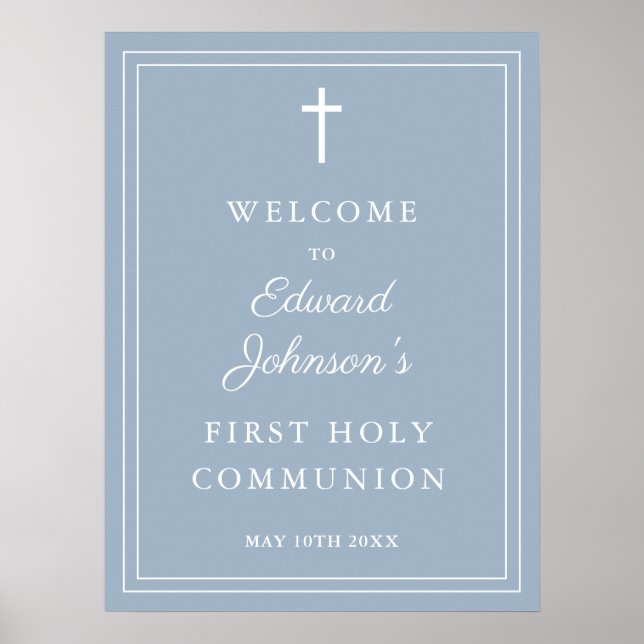 Modern Dusty Blue Holy Communion Welcome Sign (Front)