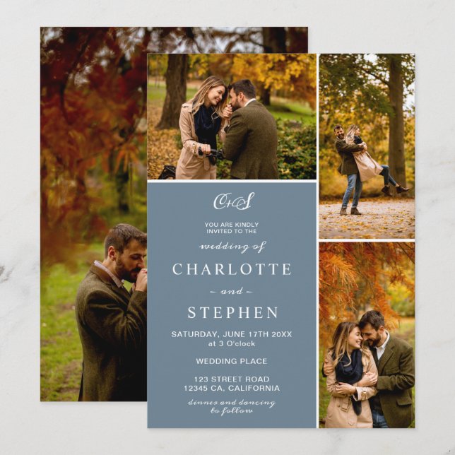 Modern dusty blue initials 4 photos grid wedding invitation (Front/Back)