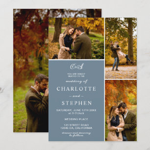 Modern dusty blue initials 4 photos grid wedding invitation