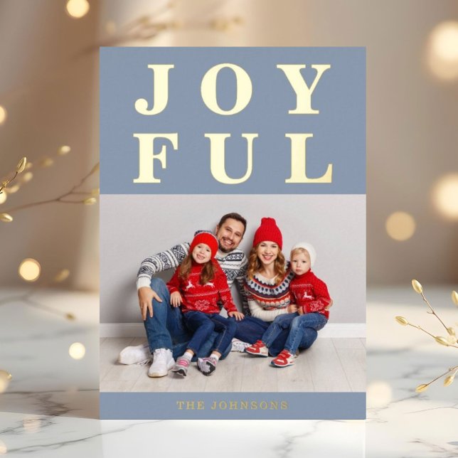 Modern Dusty Blue Joyful Photo Christmas Gold Foil Holiday Card (Modern Dusty Blue Joyful Photo Christmas Gold Foil Holiday Card)