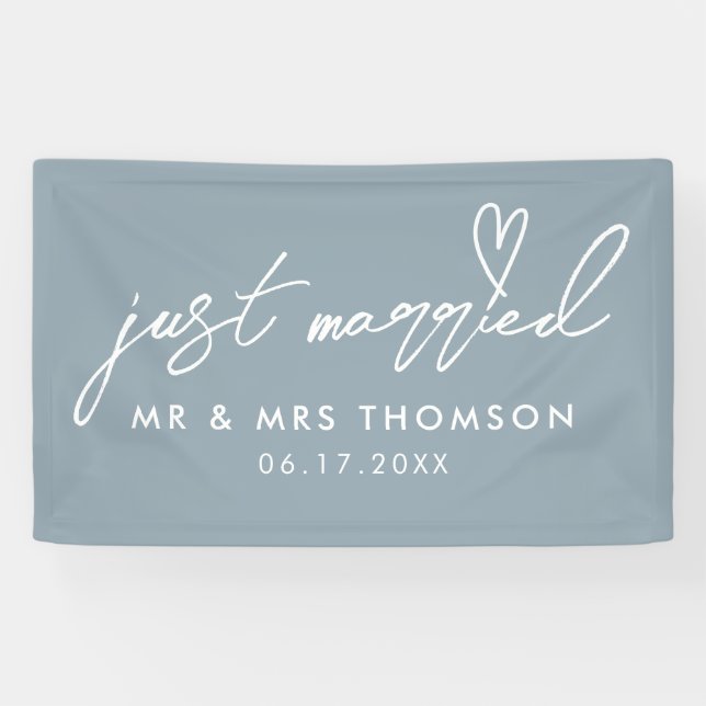 Modern Dusty Blue Just Married Elegant Wedding Banner (Horizontal)
