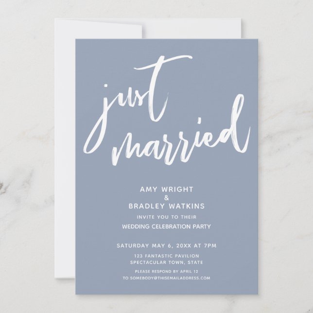 Modern Dusty Blue Just Married Wedding Reception Invitation (Front)