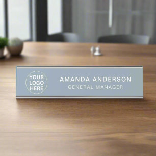 Modern Dusty Blue l Professional Company Logo Desk Name Plate