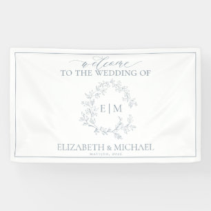 Modern Dusty Blue Leafy Crest Monogram Wedding Banner