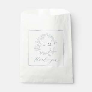 Modern Dusty Blue Leafy Crest Monogram Wedding Favour Bags