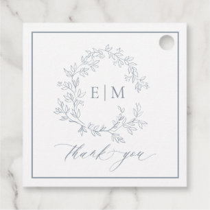 Modern Dusty Blue Leafy Crest Monogram Wedding Favour Tags