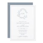 Modern Dusty Blue Leafy Crest Monogram Wedding Inv