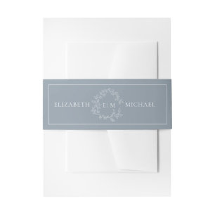 Modern Dusty Blue Leafy Crest Monogram Wedding Invitation Belly Band