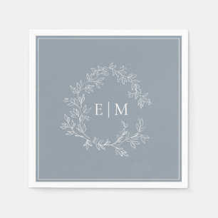 Modern Dusty Blue Leafy Crest Monogram Wedding Napkin