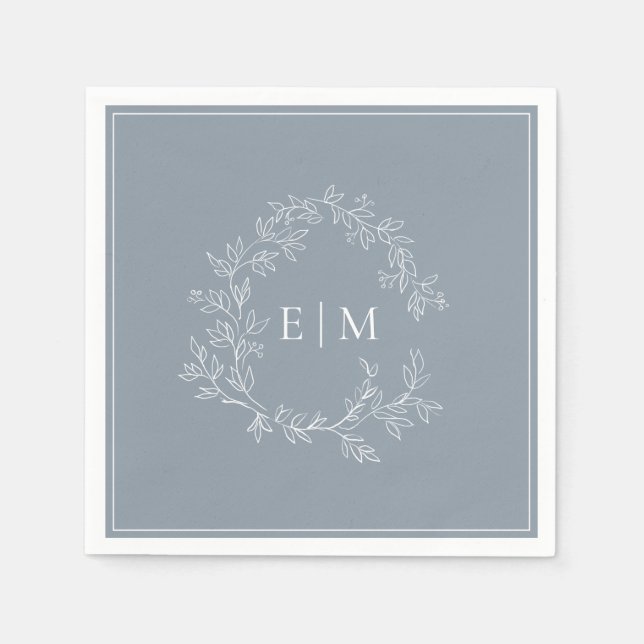 Modern Dusty Blue Leafy Crest Monogram Wedding Napkin (Front)