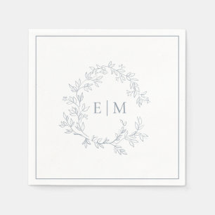 Modern Dusty Blue Leafy Crest Monogram Wedding Napkin