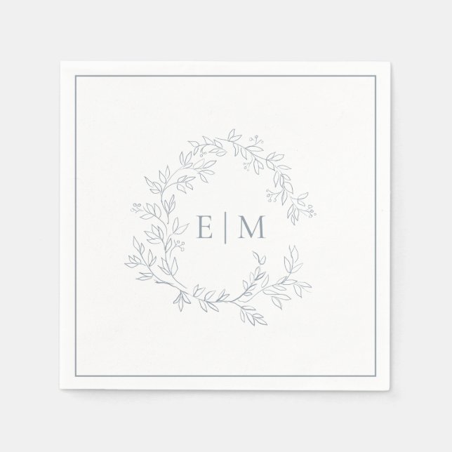 Modern Dusty Blue Leafy Crest Monogram Wedding Napkin (Front)
