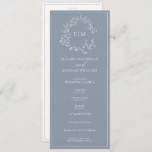 Modern Dusty Blue Leafy Crest Monogram Wedding Programme