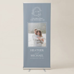 Modern Dusty Blue Leafy Crest Monogram Wedding Retractable Banner