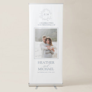 Modern Dusty Blue Leafy Crest Monogram Wedding Retractable Banner
