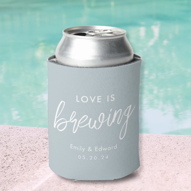 Modern Dusty Blue Love is Brewing Wedding Favour Can Cooler (Creator Uploaded)