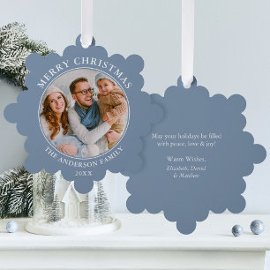 Modern Dusty Blue Merry Christmas Photo Tree Decoration Card