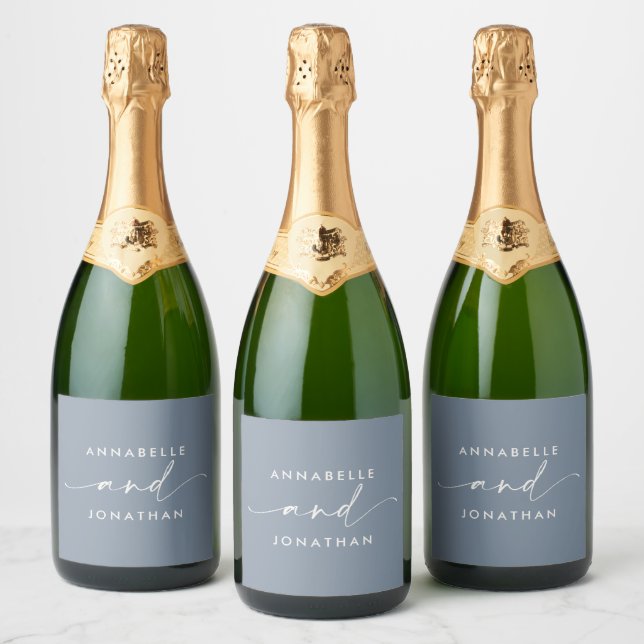 Modern dusty blue minimal contemporary wedding sparkling wine label (Bottles)