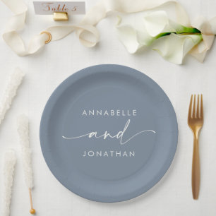 Modern dusty blue minimal elegant script wedding paper plate