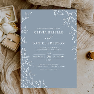 Modern Dusty Blue Minimal Leafy Wedding  Invitation