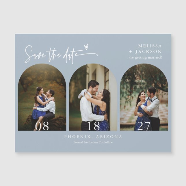 Modern Dusty Blue Minimal Save the Date Arch Photo (Front)