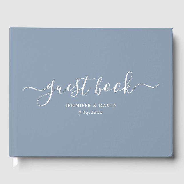 Modern Dusty Blue Minimalist Script Wedding Guest Book (Front)