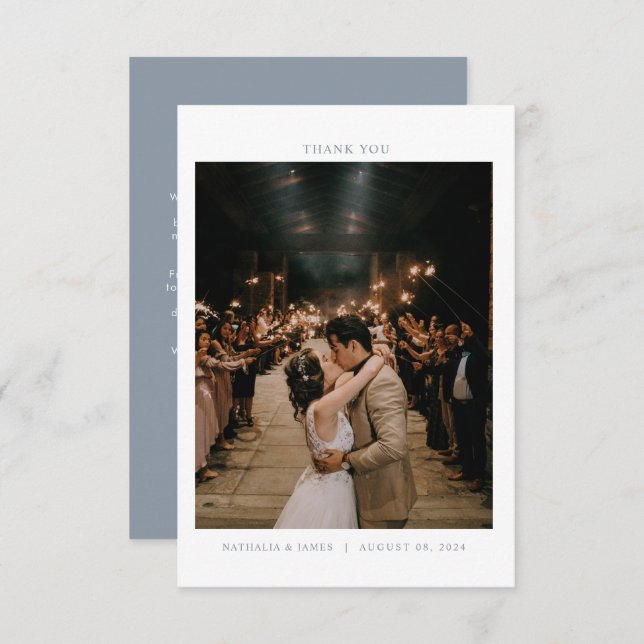 Modern Dusty Blue Minimalist with photo Wedding Thank You Card (Front/Back)