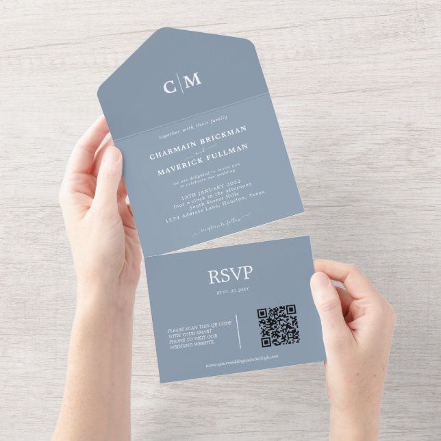 Modern Dusty Blue Monogram QR code RSVP Wedding All In One Invitation (Tearaway)
