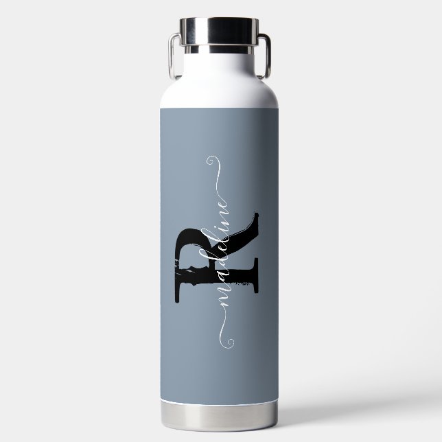 Modern Dusty Blue Monogram Script Name  Water Bottle (Front)