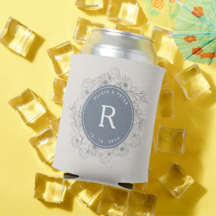 Modern Dusty Blue Monogram Wedding Can Cooler