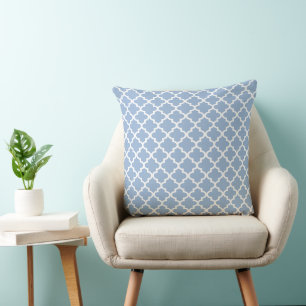 Modern Dusty Blue Moroccan Quatrefoil Pattern Cushion