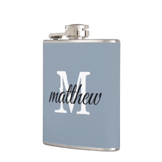 Modern Dusty Blue Name Monogram Personalised Hip Flask