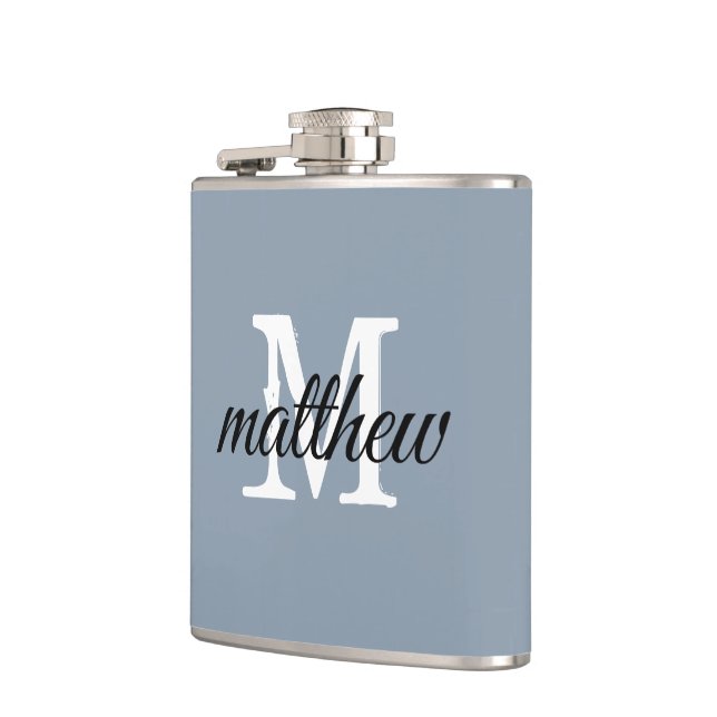 Modern Dusty Blue Name Monogram Personalised  Hip Flask (Left)