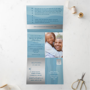 Modern Dusty Blue Ocean Waves Photo Wedding Tri-Fold Invitation