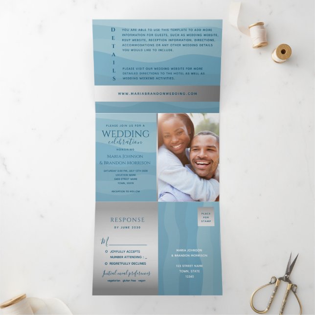Modern Dusty Blue Ocean Waves Photo Wedding Tri-Fold Invitation (Inside)