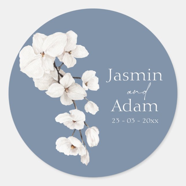 Modern Dusty Blue Orchid Floral Wedding Classic Round Sticker (Front)