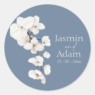 Modern Dusty Blue Orchids Flowers Wedding Classic Round Sticker