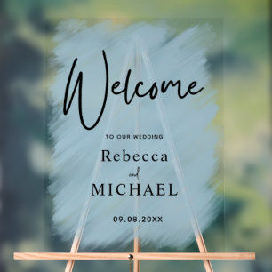 Modern dusty blue painted wedding welcome  acrylic sign