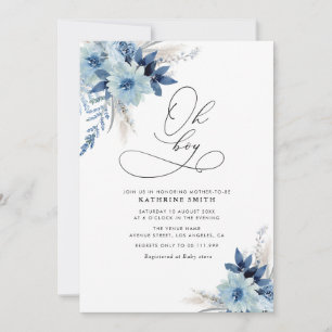 Modern dusty blue pampas floral baby shower invitation