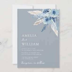 modern dusty blue pampas grass wedding invitation