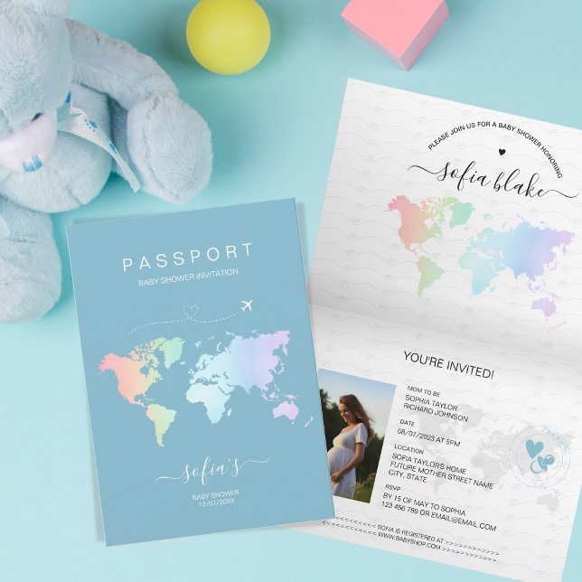 Modern Dusty Blue Passport World Map Baby Shower Invitation (Creator Uploaded)